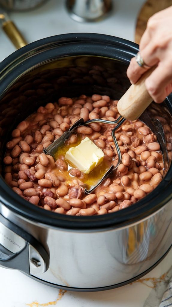 A crockpot filled with tender pinto beans, with a hand mashing the beans using a potato masher