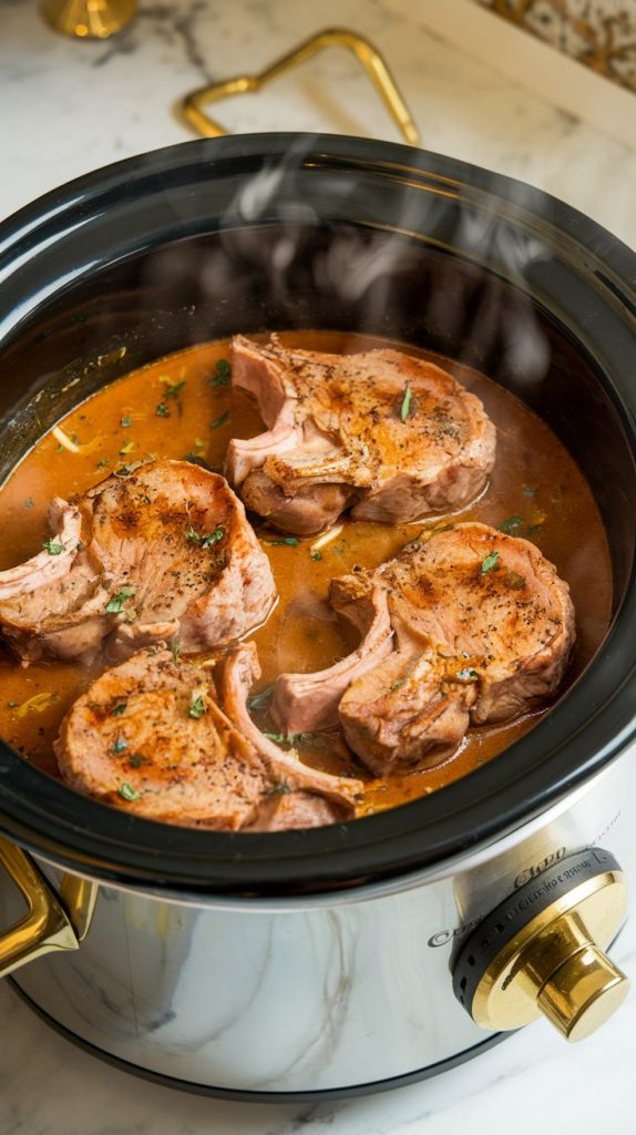 the crockpot lid slightly ajar, steam rising from the tender pork chops in the rich soup mixture