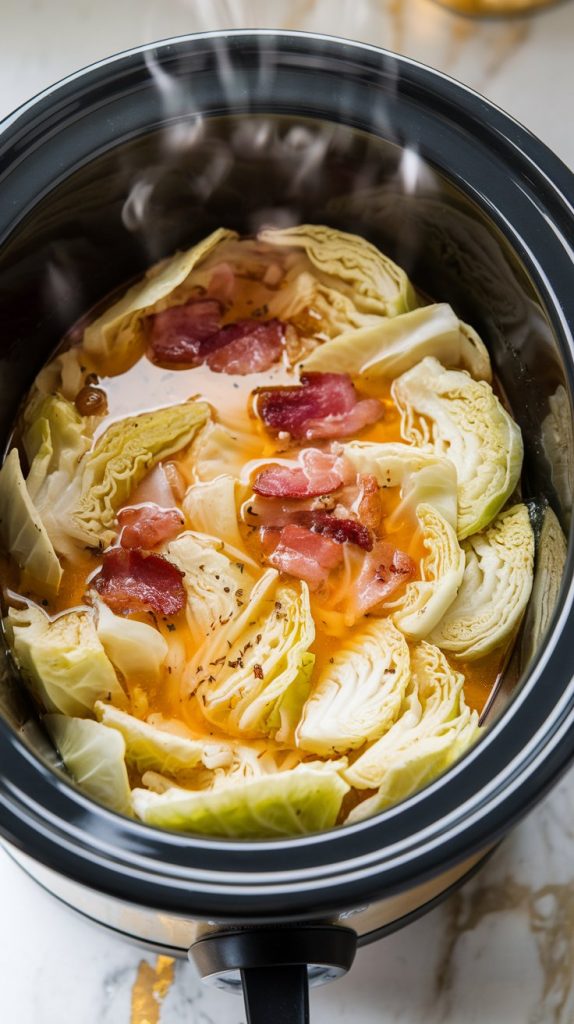 A crockpot filled with tender, cooked cabbage swimming in golden broth