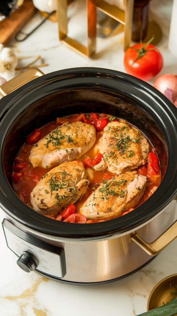 A crockpot filled with tender, cooked chicken breasts, simmering in a flavorful tomato and broth mixture