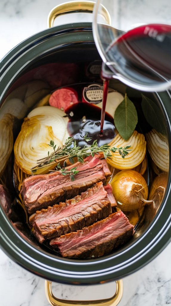 All ingredients for French Onion Crockpot Short Ribs Soup layered in a crockpot