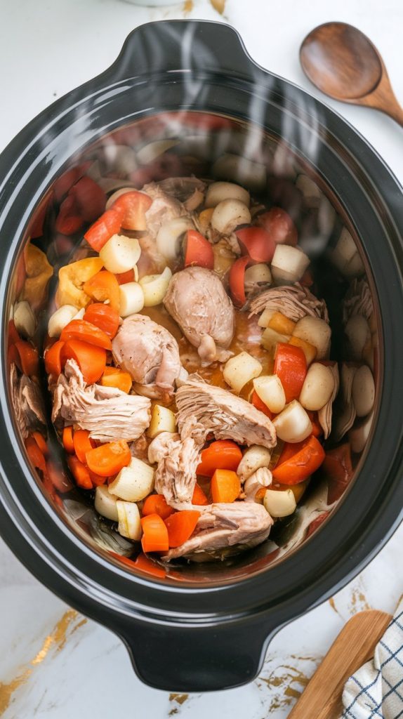 the crockpot halfway through cooking, showing softened veggies and chicken starting to break apart