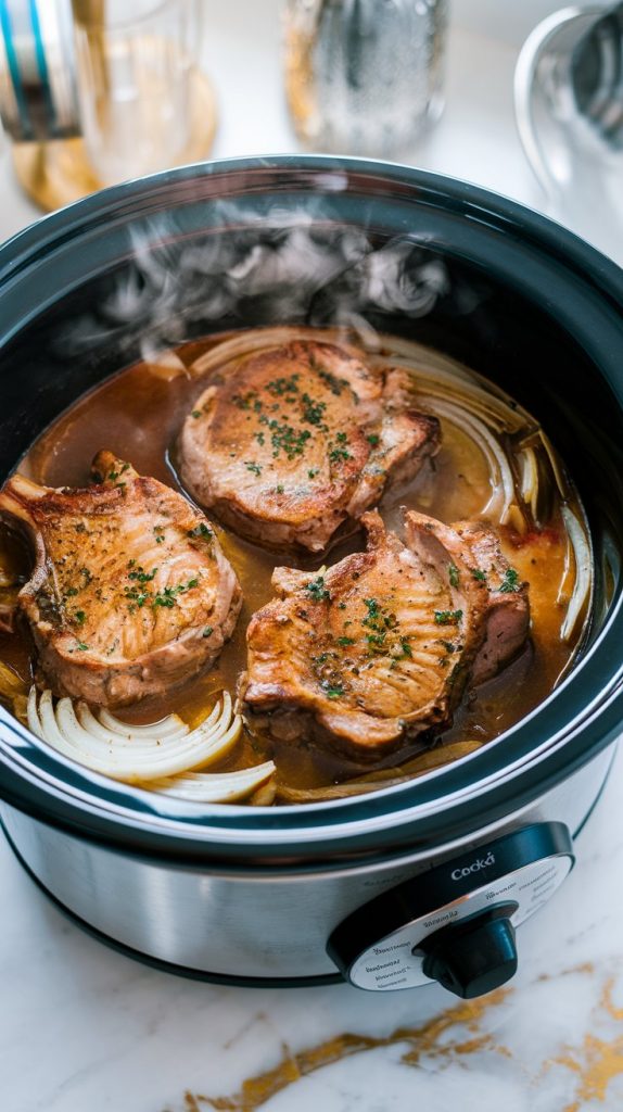 A crockpot halfway through cooking, with the pork chops simmering in a rich broth