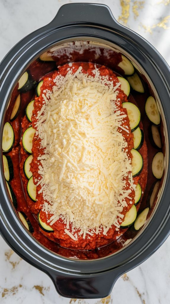 A crockpot being layered with marinara sauce, zucchini slices, ricotta mixture, meat sauce, and shredded mozzarella cheese