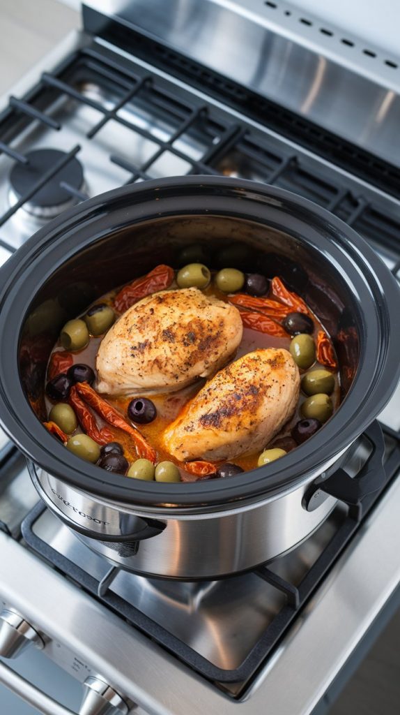 a crockpot in action, showing tender, cooked chicken surrounded by flavorful juices, olives, and sun-dried tomatoes