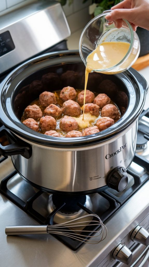 A Crockpot with simmering meatballs and a cornstarch slurry