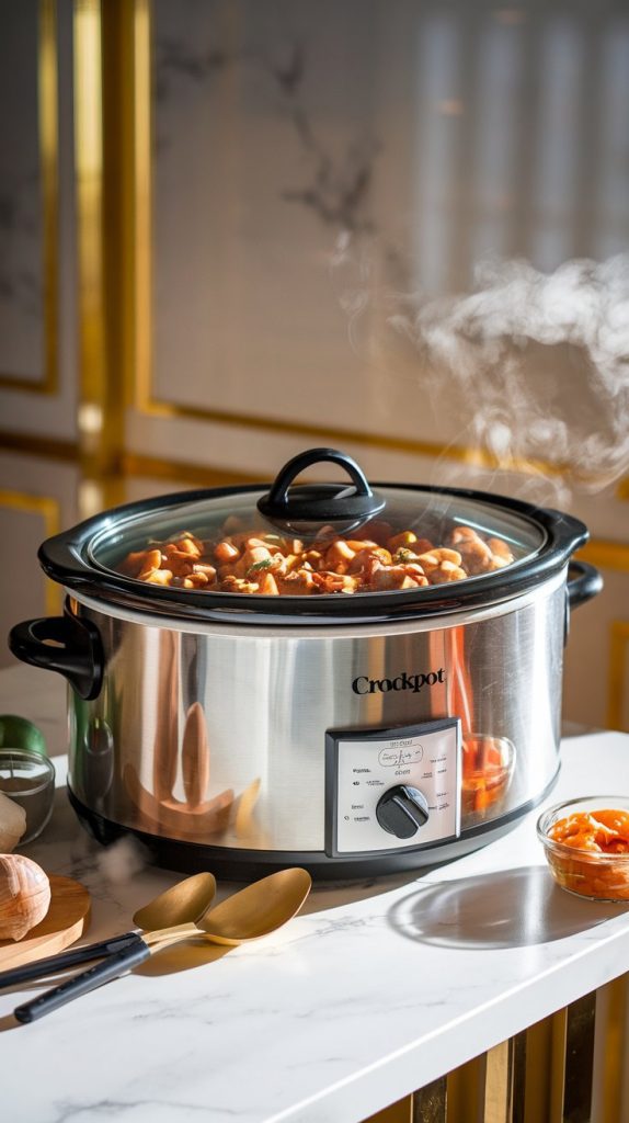 A crockpot in action with the lid on, steam slightly fogging up the glass lid