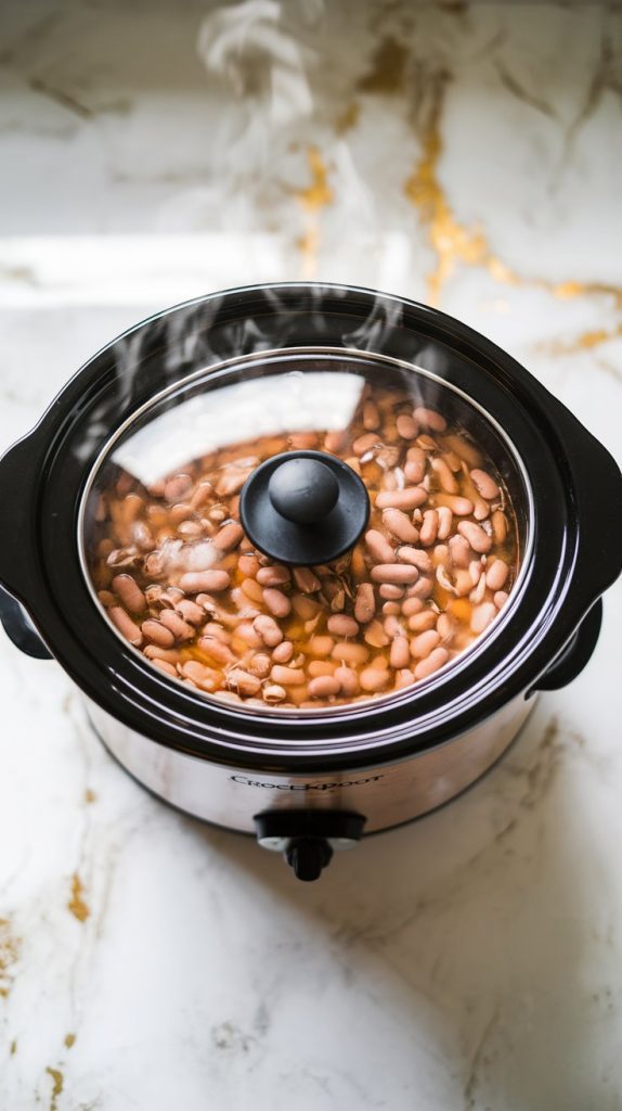 A crockpot with a clear lid on, showing the pinto beans and broth bubbling gently inside