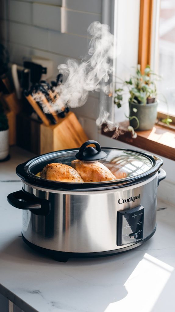 A crockpot in the middle of cooking, the lid is on