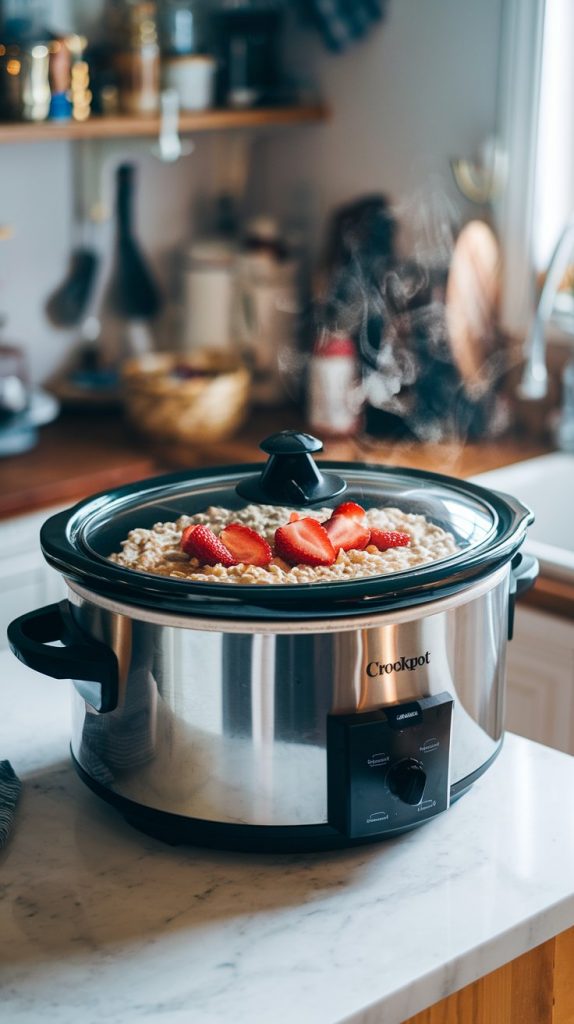 A crockpot with the lid on, with a bit of steam fogging the lid, sitting on a countertop