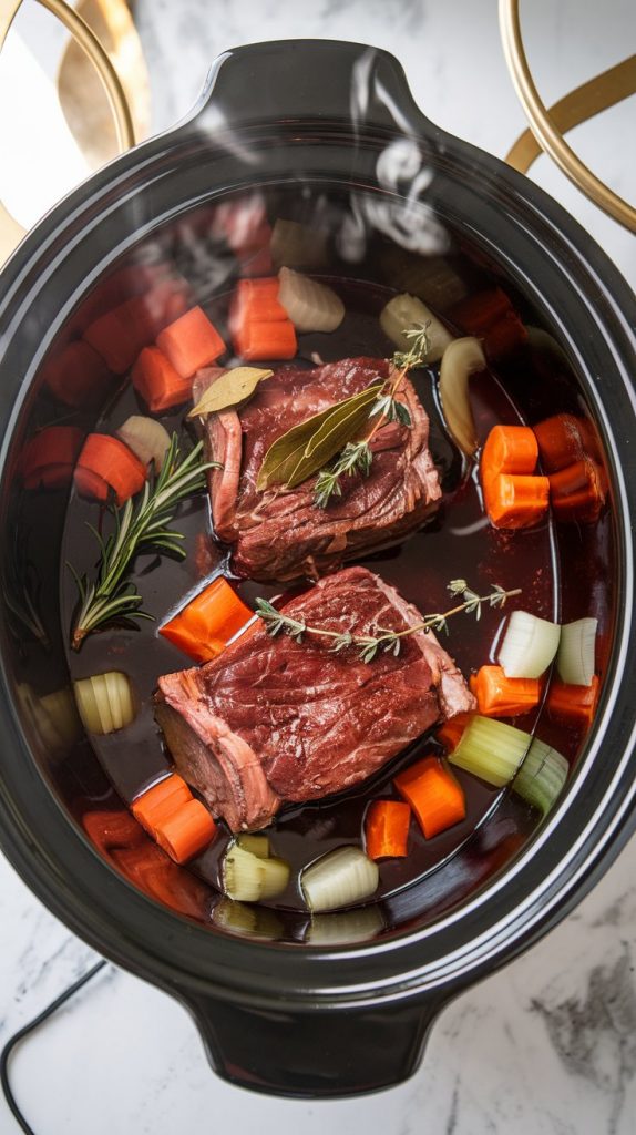 A Crockpot in action, lid slightly lifted to reveal tender short ribs in a rich red wine sauce, steam rising