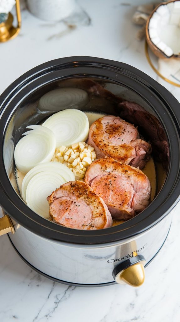 A crockpot with sliced onions and minced garlic at the bottom, pork chops layered on top