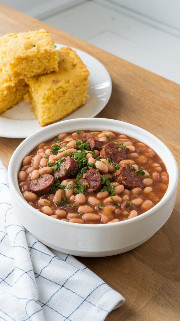 the finished crockpot pinto beans with sausage served in a white bowl