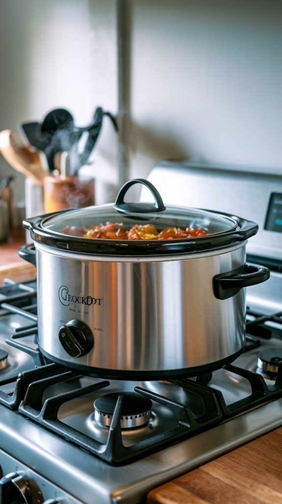 A crockpot on a modern stainless steel gas stove, lid on