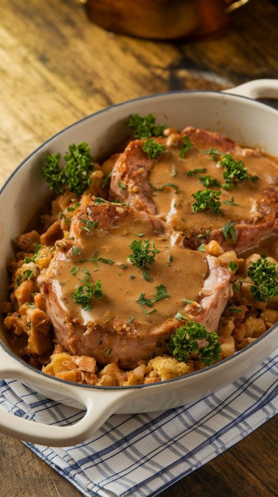 A serving of crockpot pork chops plated with stuffing and sprinkled with fresh parsley