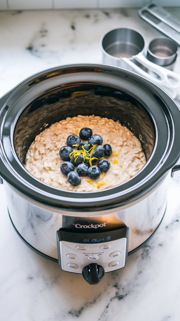 A crockpot set to low with a digital timer showing "8 hours," with creamy oatmeal visible inside