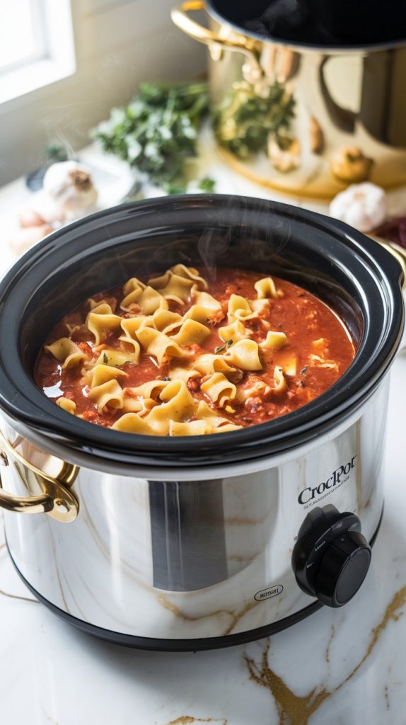 Crockpot with simmering lasagna soup, broken lasagna noodles being added