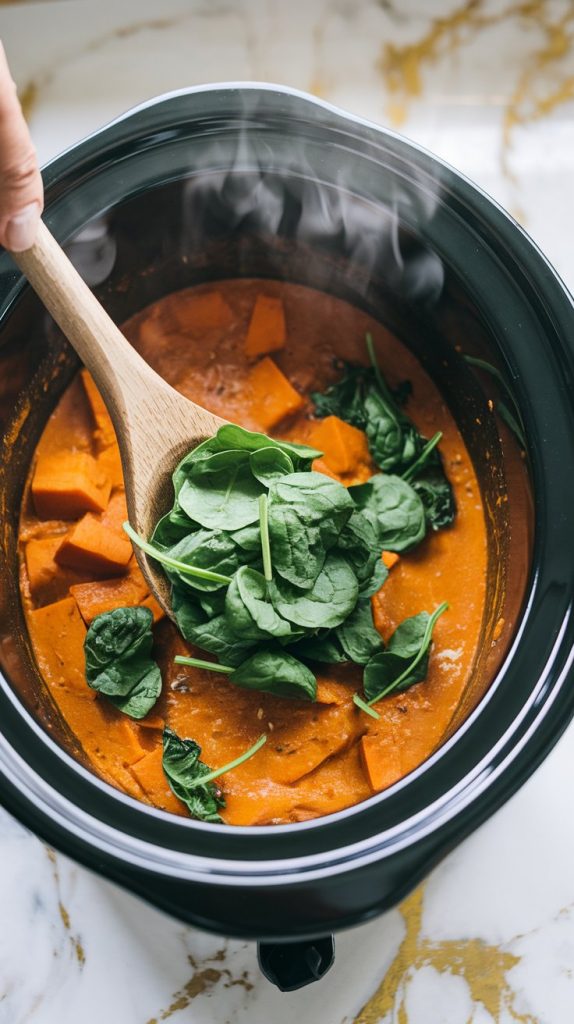 Crockpot sweet potato curry with fresh spinach being stirred in with a wooden spoon