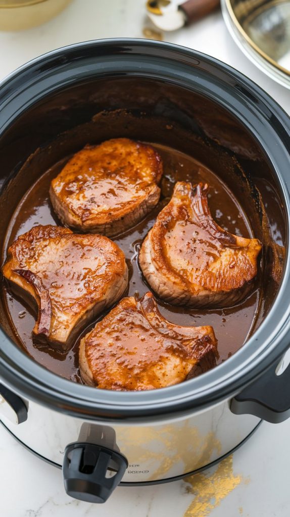 A crockpot with cooked pork chops in a rich, glossy sauce bubbling slightly