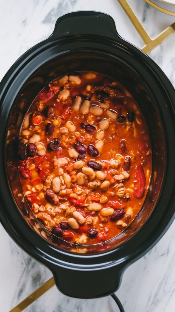 A crockpot mid-way through cooking, with the chili bubbling gently