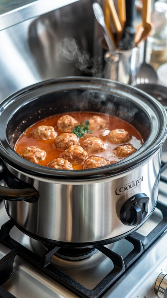 A Crockpot mid-cooking, showing meatballs simmering in a bubbling honey garlic sauce