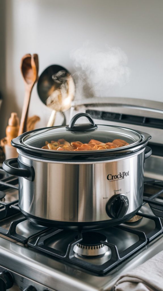 A crockpot with the lid on, steam visible through the lid