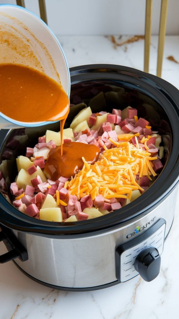 A Crockpot halfway filled with neatly layered potatoes, ham, onions, and shredded cheese