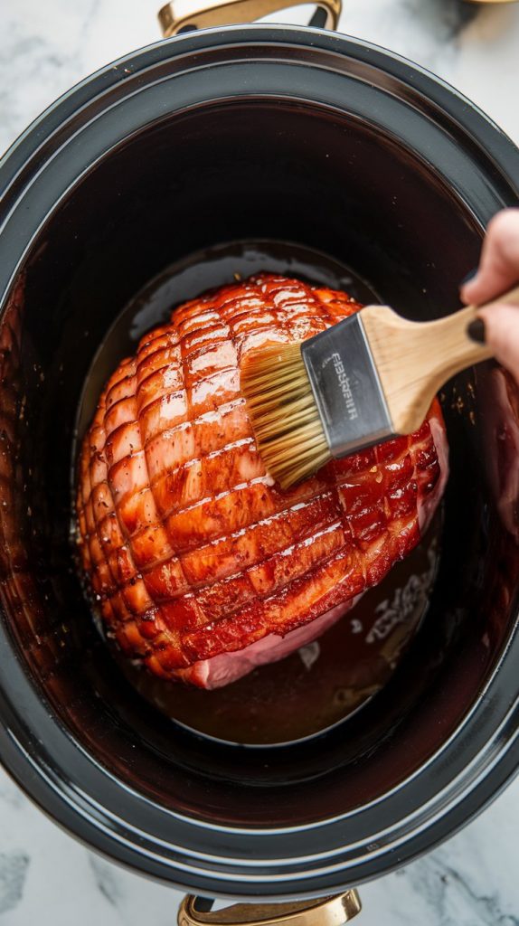 A crockpot with a partially cooked glazed ham inside