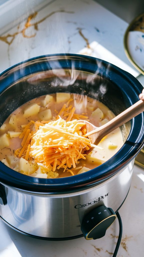 Crockpot with roux and shredded cheese being stirred into the soup