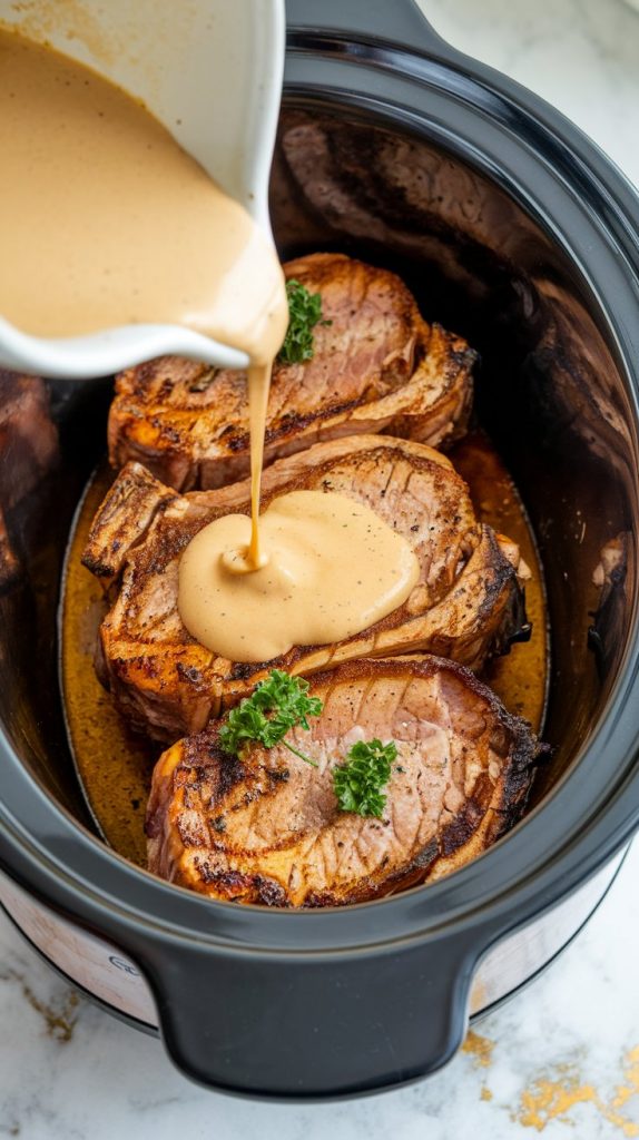 A crockpot with raw pork chops layered inside, covered with creamy sauce being poured in