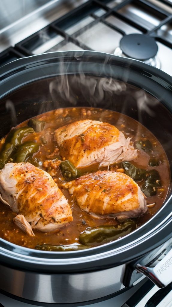 A Crockpot with cooked chicken breasts swimming in a flavorful green chile sauce