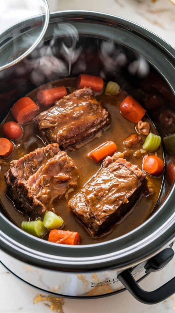 a crockpot with fully cooked, tender short ribs in a glossy, rich sauce