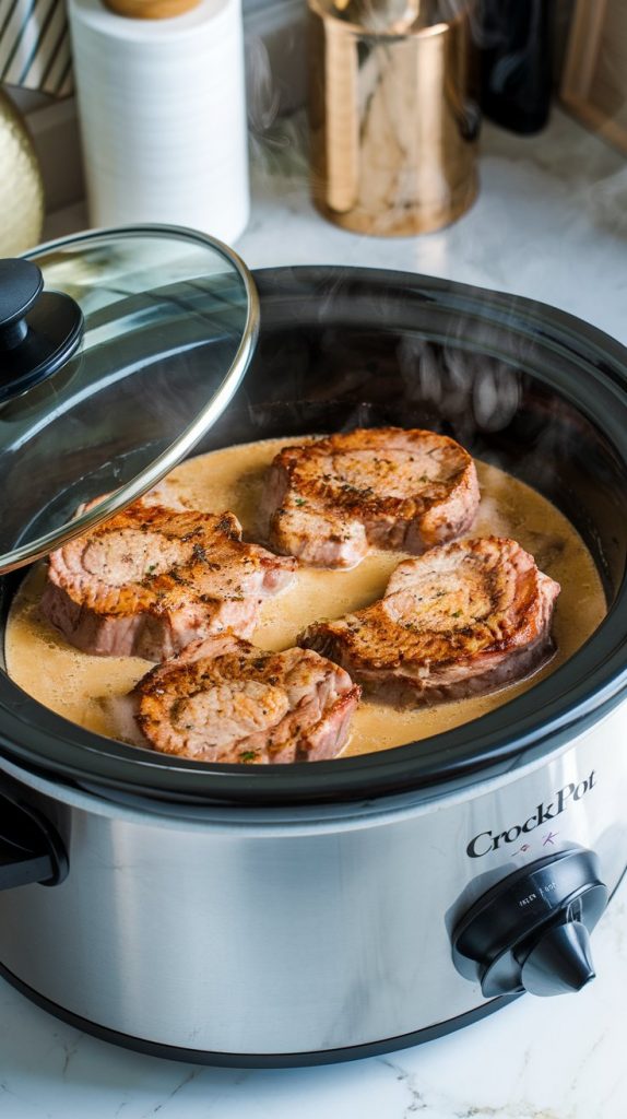 A crockpot with pork chops and creamy liquid simmering gently inside