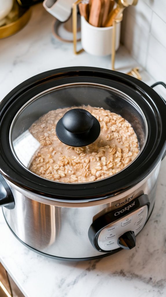 A crockpot with the lid on, set to low