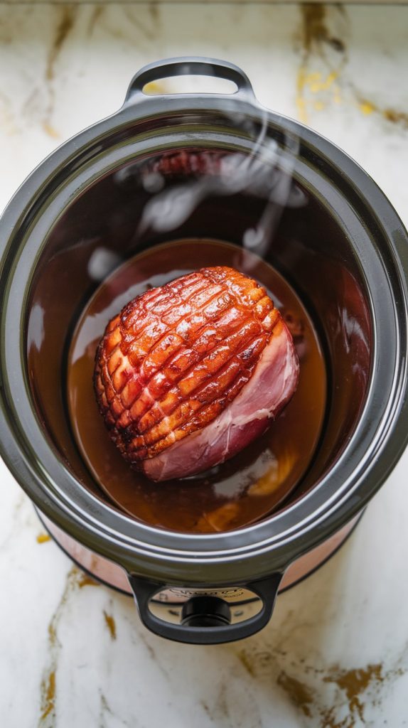 A crockpot with the lid on, with the steam slightly visible inside and the ham resting in a pool of glaze