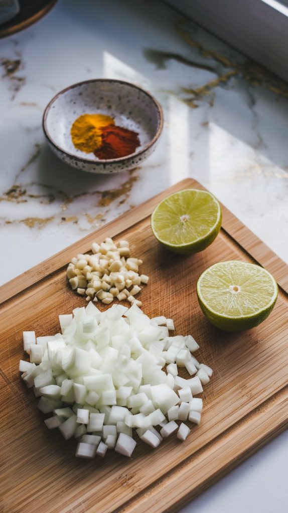 A cutting board with a diced onion, minced garlic, and a whole lime cut in half