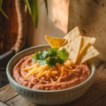 A final bowl of creamy refried pinto beans topped with fresh cilantro, shredded cheese