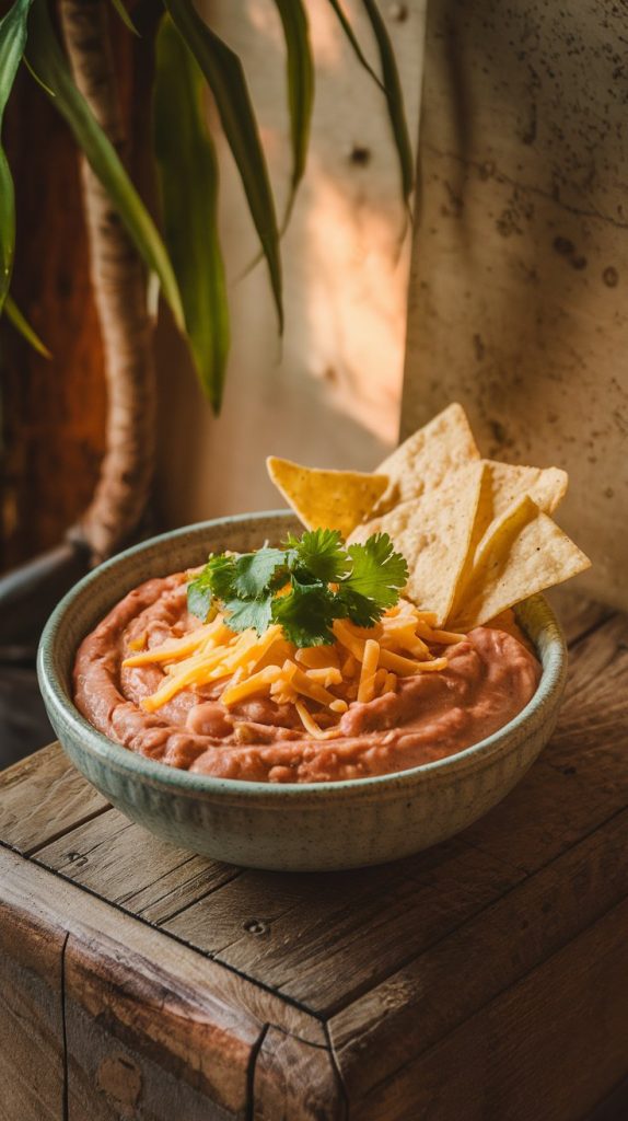 A final bowl of creamy refried pinto beans topped with fresh cilantro, shredded cheese