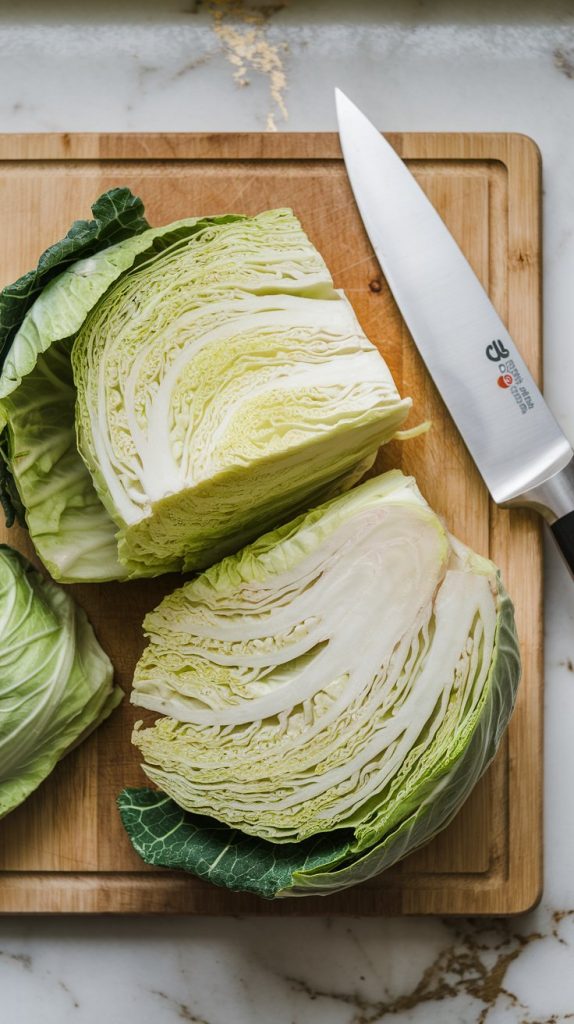 Fresh green cabbage on a wooden cutting board, cut into large wedges