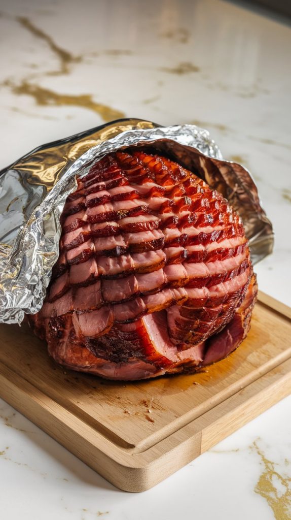 A fully cooked ham resting on a wooden cutting board