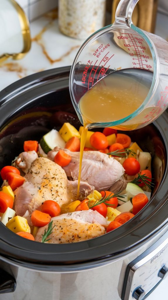 A glass measuring cup pouring chicken broth into a crockpot filled with chicken and veggies