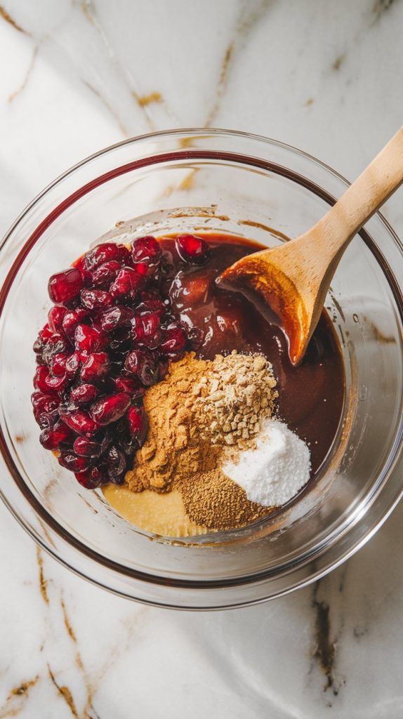 A glass mixing bowl filled with cranberry sauce, BBQ sauce, brown sugar