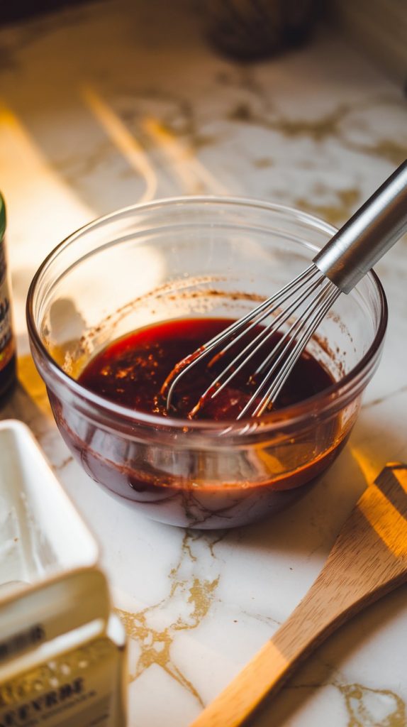 A glass mixing bowl filled with a glossy sauce made from grape jelly, BBQ sauce, and Worcestershire