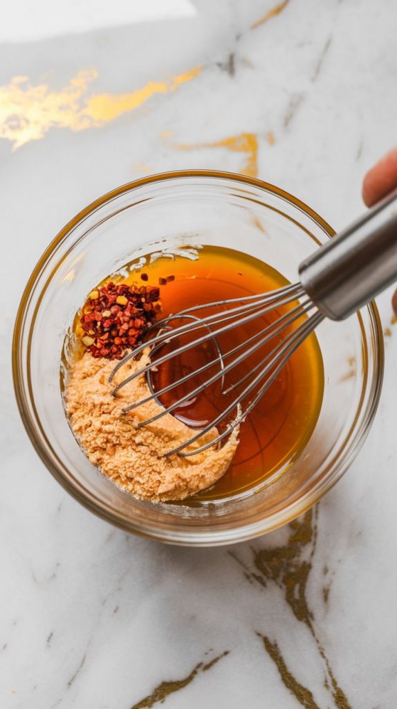 A glass mixing bowl with honey, brown sugar