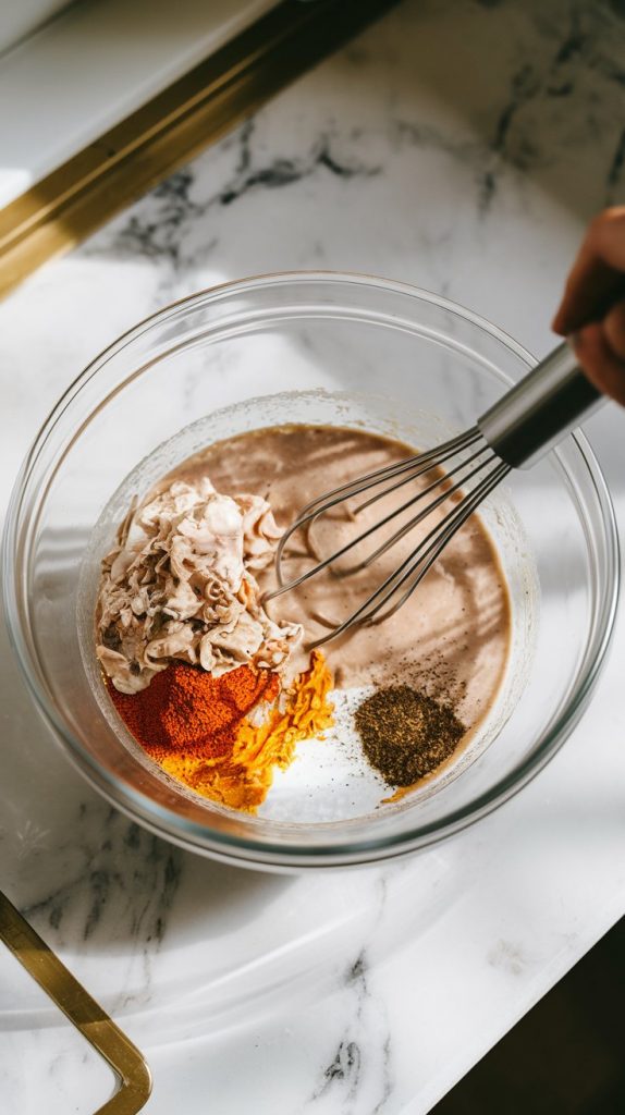 A glass mixing bowl with cream of mushroom soup, ranch dressing mix, gravy mix, chicken broth, garlic powder, and black pepper