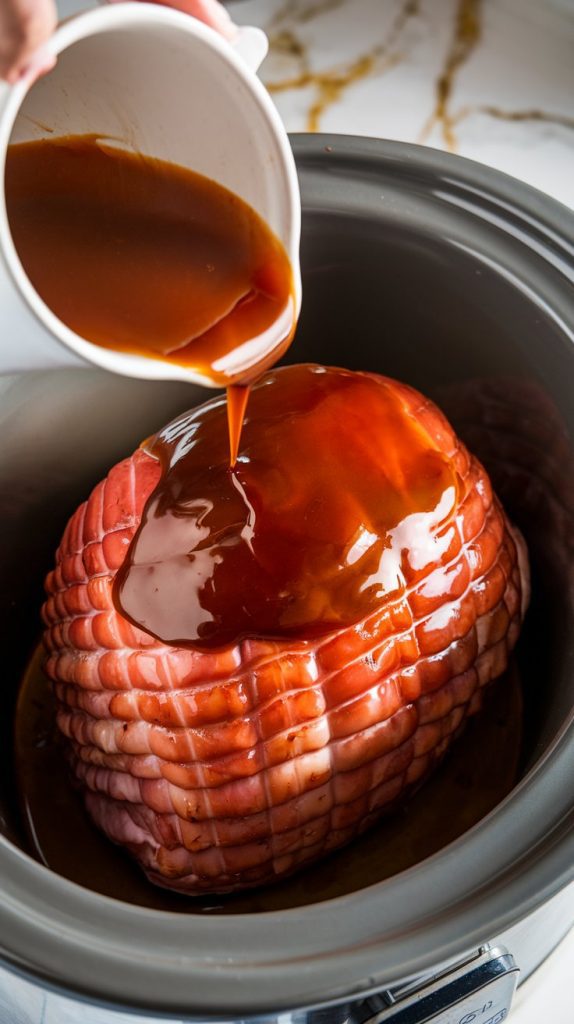 A glossy, rich glaze being poured over a raw ham in a crockpot