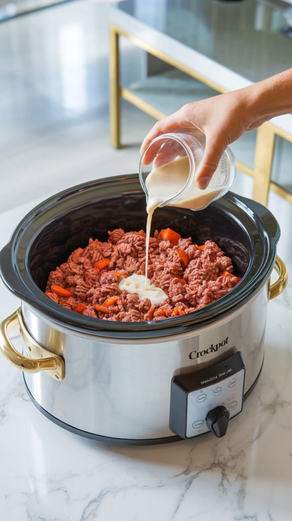 a hand pouring a cornstarch slurry (water and cornstarch mixed) into the crockpot filled with beef and sauce