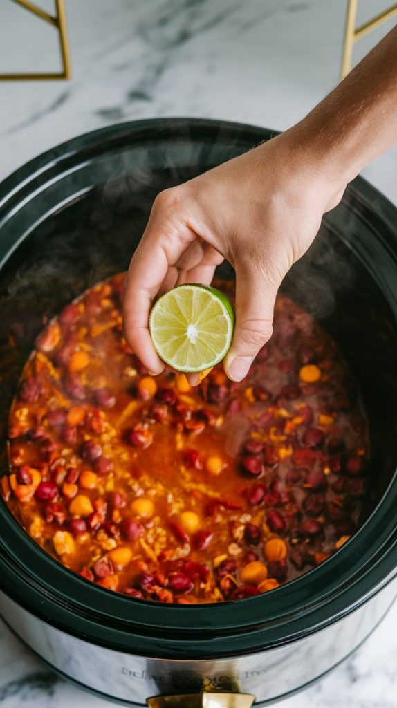 A hand squeezing a fresh lime over a pot of hot chili in a slow cooker