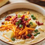 a hearty bowl of creamy potato soup, with thick, rich broth showing visible chunks of tender diced potatoes