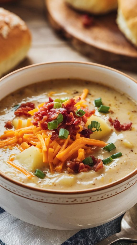 a hearty bowl of creamy potato soup, with thick, rich broth showing visible chunks of tender diced potatoes